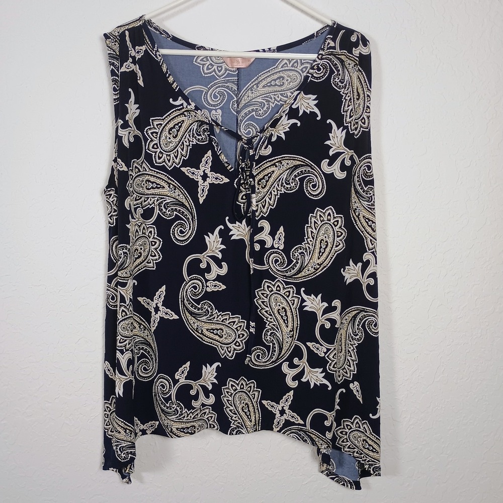 "SJS Women's Size 3X Sleeveless Blouse Navy Blue‎ White Paisley V-Neck...